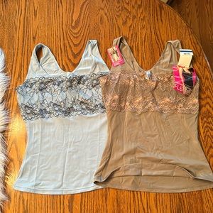 Flexees XL light control camisole in beige and light blue.